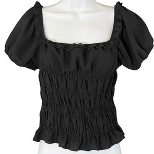 Black Smocked Puff Sleeve Peasant Top L Milkmaid Romantic Gothic Lolita
